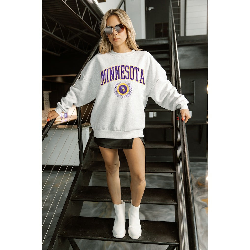 Minnesota Vikings Gameday Couture Women's Traditional Logo Oversized Premium Fleece Pullover Sweatshirt - Ash for sale