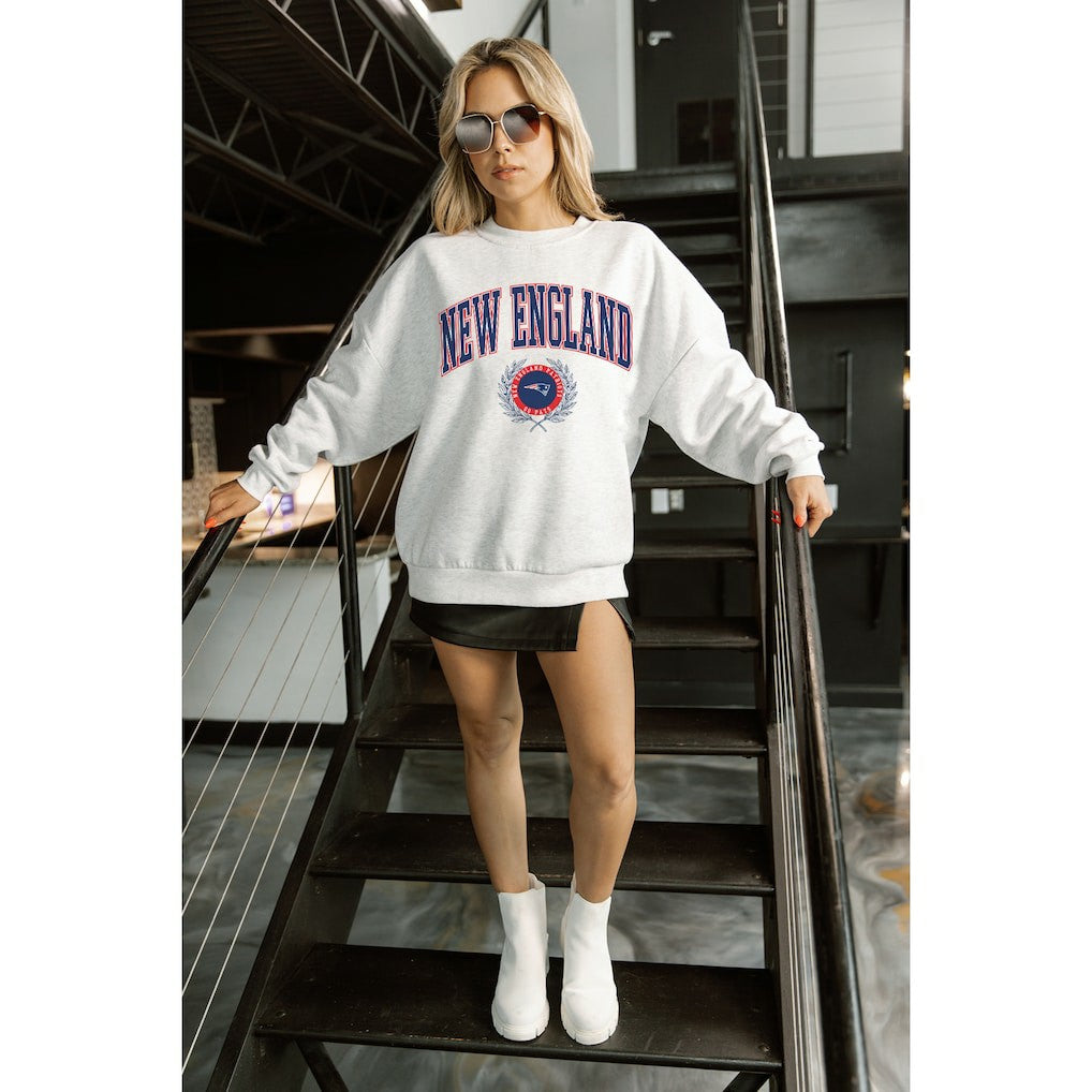 New England Patriots Gameday Couture Women's Traditional Logo Oversized Premium Fleece Pullover Sweatshirt - Ash sale