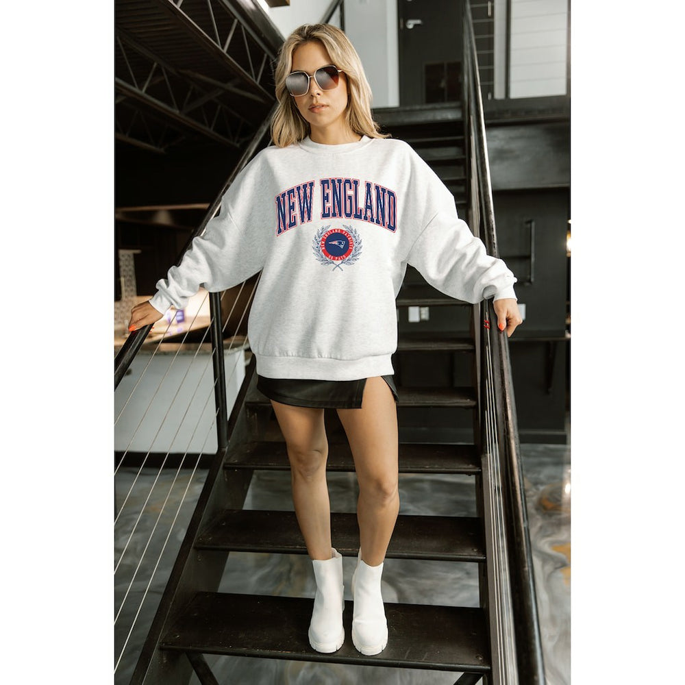 New England Patriots Gameday Couture Women's Traditional Logo Oversized Premium Fleece Pullover Sweatshirt - Ash sale