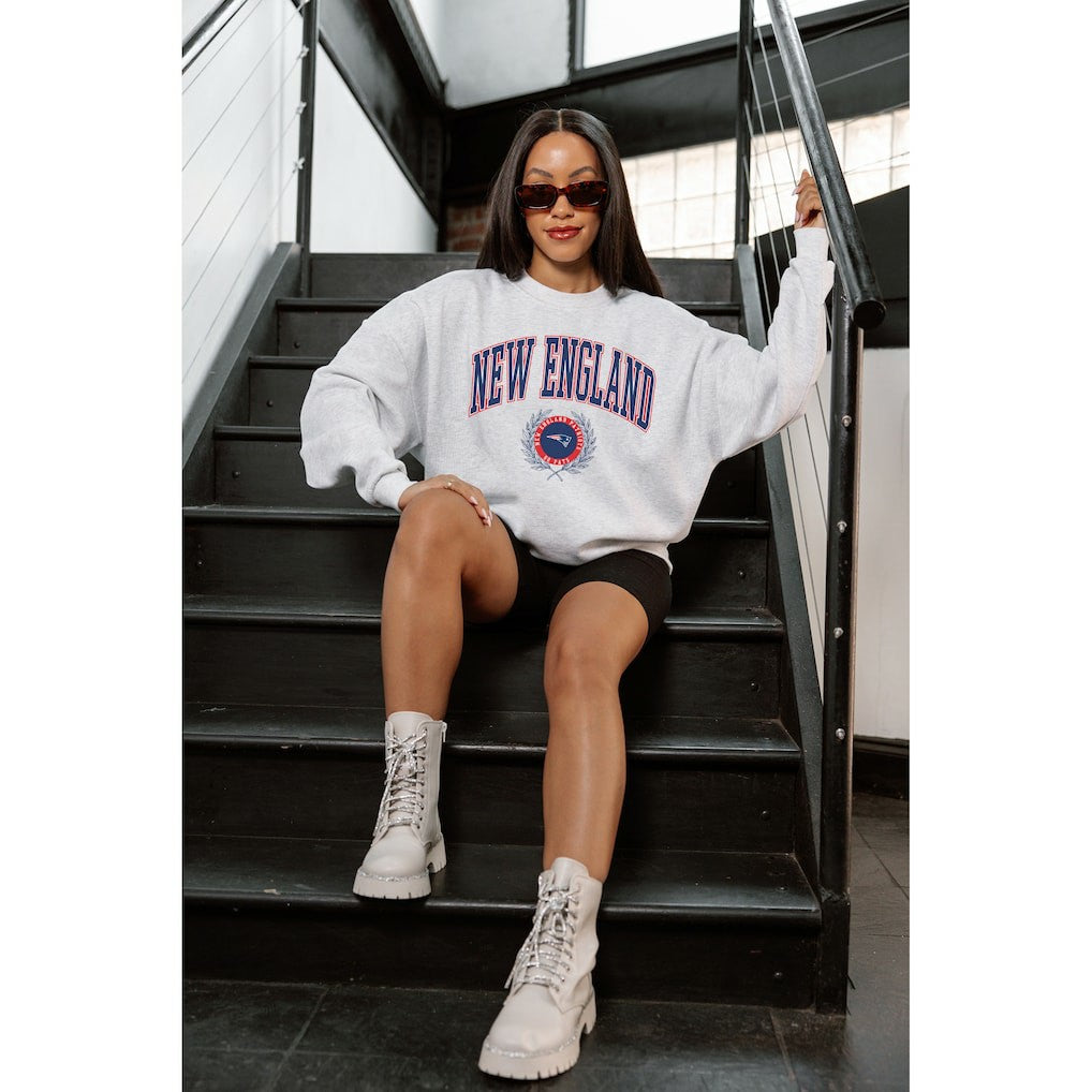 New England Patriots Gameday Couture Women's Traditional Logo Oversized Premium Fleece Pullover Sweatshirt - Ash sale