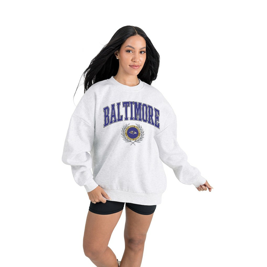Baltimore Ravens Gameday Couture Women's Traditional Logo Oversized Premium Fleece Pullover Sweatshirt - Ash on sale