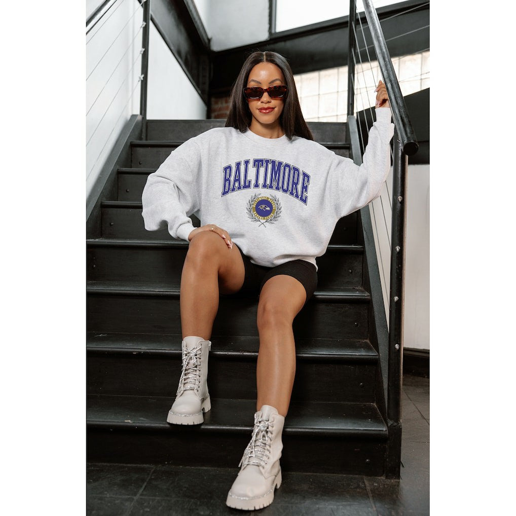 Baltimore Ravens Gameday Couture Women's Traditional Logo Oversized Premium Fleece Pullover Sweatshirt - Ash on sale