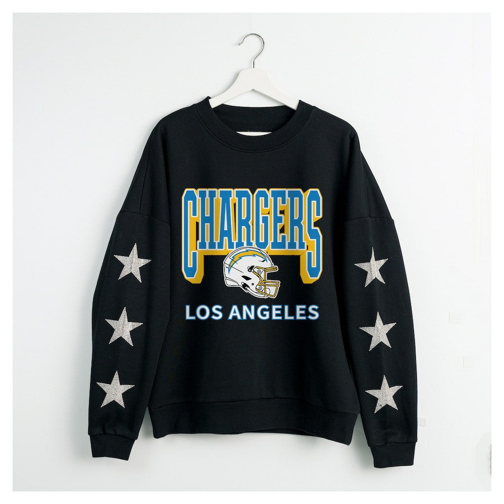 Los Angeles Chargers Gameday Couture Women's Pure Victory Rhinestud Star-Sleeve Pullover Sweatshirt - Black cheap