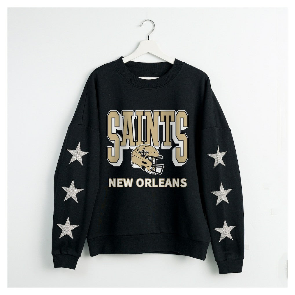 New Orleans Saints Gameday Couture Women's Pure Victory Rhinestud Star-Sleeve Pullover Sweatshirt - Black on sale
