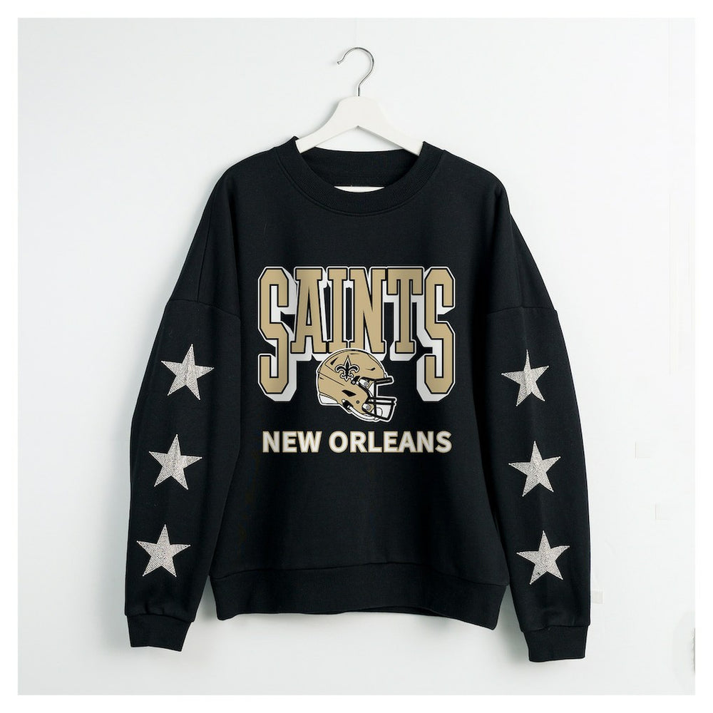 New Orleans Saints Gameday Couture Women's Pure Victory Rhinestud Star-Sleeve Pullover Sweatshirt - Black on sale