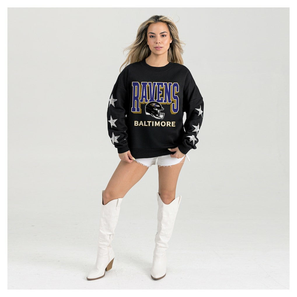 Baltimore Ravens Gameday Couture Women's Pure Victory Rhinestud Star-Sleeve Pullover Sweatshirt - Black for sale