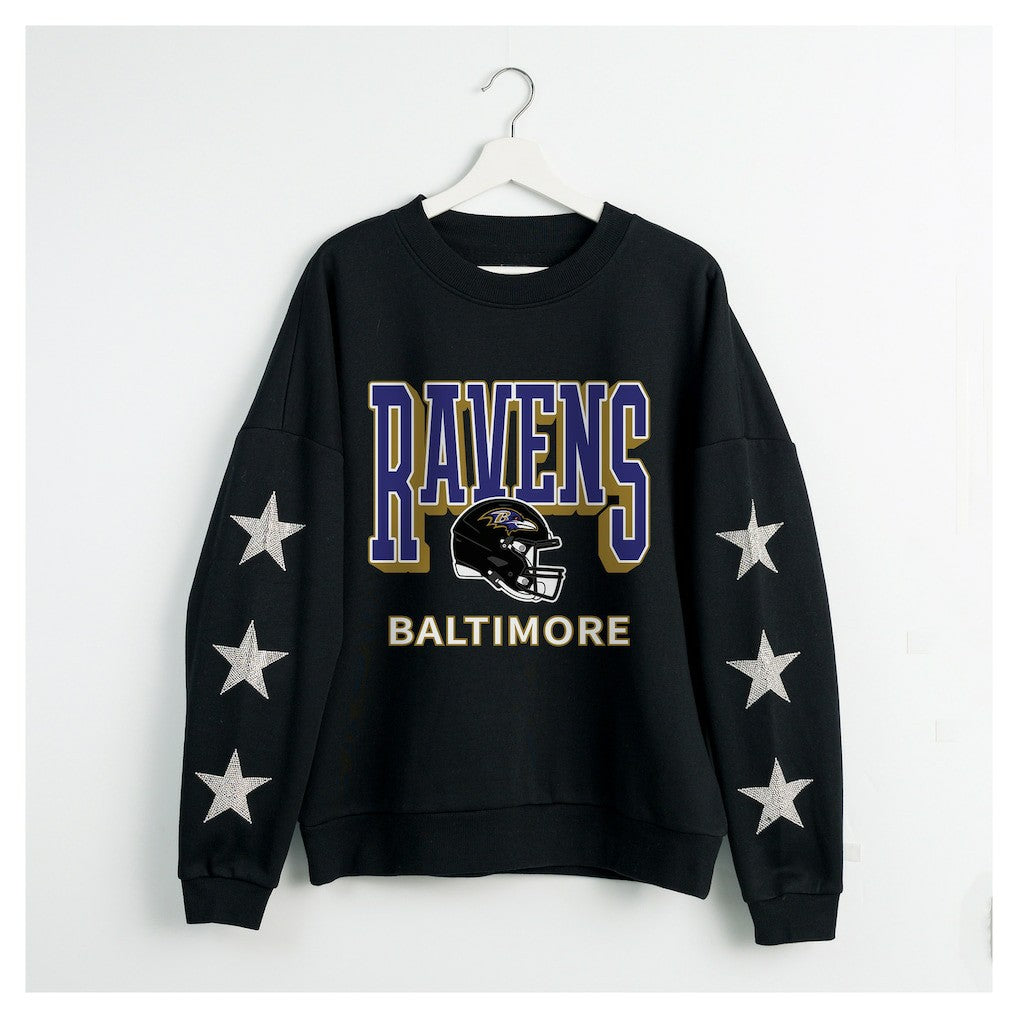 Baltimore Ravens Gameday Couture Women's Pure Victory Rhinestud Star-Sleeve Pullover Sweatshirt - Black for sale