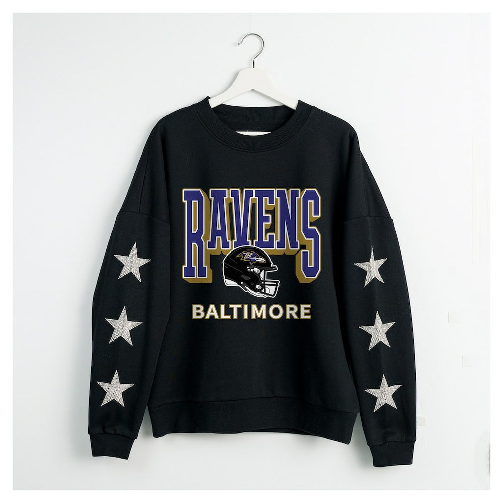 Baltimore Ravens Gameday Couture Women's Pure Victory Rhinestud Star-Sleeve Pullover Sweatshirt - Black for sale