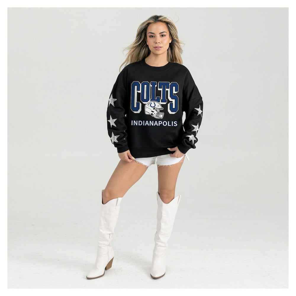Indianapolis Colts Gameday Couture Women's Pure Victory Rhinestud Star-Sleeve Pullover Sweatshirt - Black for sale