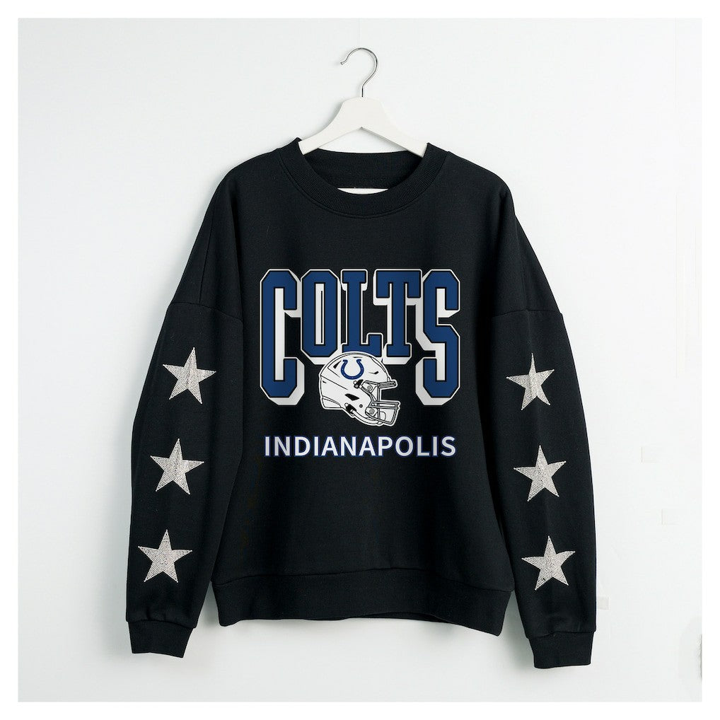 Indianapolis Colts Gameday Couture Women's Pure Victory Rhinestud Star-Sleeve Pullover Sweatshirt - Black for sale
