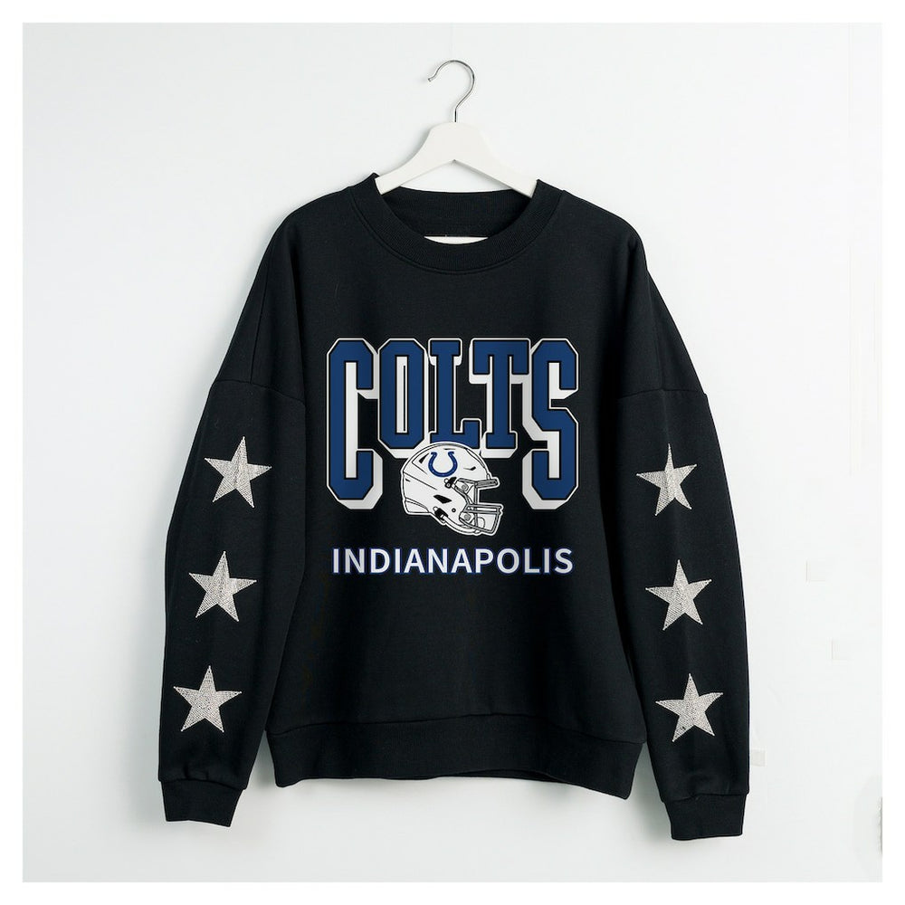 Indianapolis Colts Gameday Couture Women's Pure Victory Rhinestud Star-Sleeve Pullover Sweatshirt - Black for sale