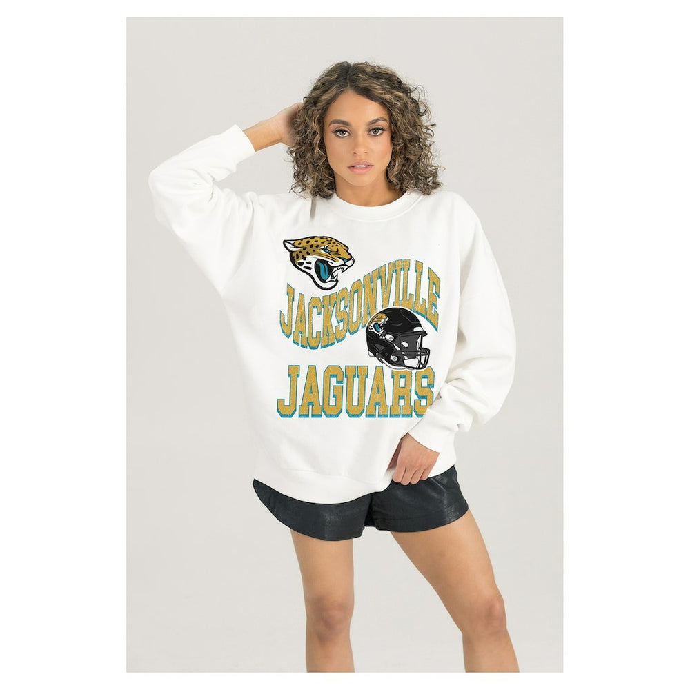 Jacksonville Jaguars Gameday Couture Women's Oversized Hard Earned Premium Fleece Pullover Sweatshirt - White for sale