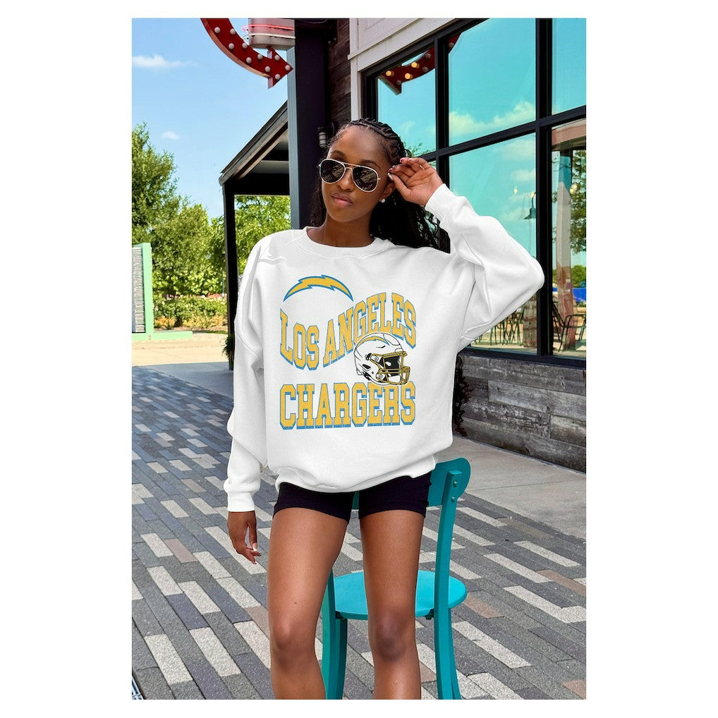 Los Angeles Chargers Gameday Couture Women's Oversized Hard Earned Premium Fleece Pullover Sweatshirt - White for sale