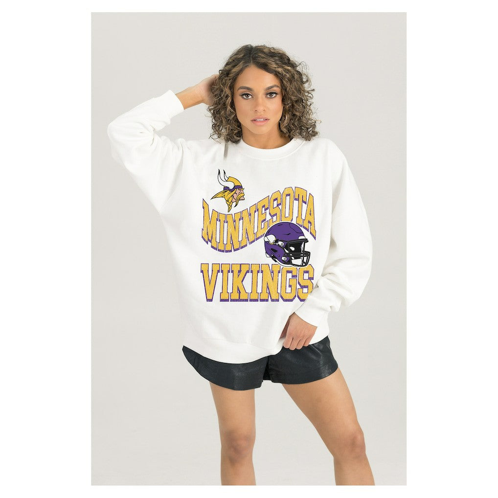 Minnesota Vikings Gameday Couture Women's Oversized Hard Earned Premium Fleece Pullover Sweatshirt - White for sale