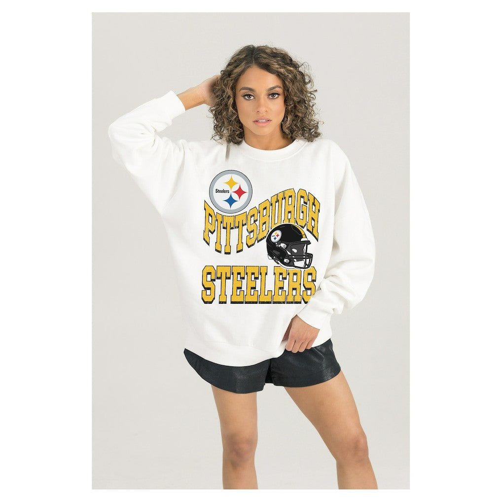 Pittsburgh Steelers Gameday Couture Women's Oversized Hard Earned Premium Fleece Pullover Sweatshirt - White cheap