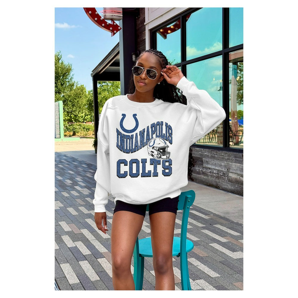 Indianapolis Colts Gameday Couture Women's Oversized Hard Earned Premium Fleece Pullover Sweatshirt - White online