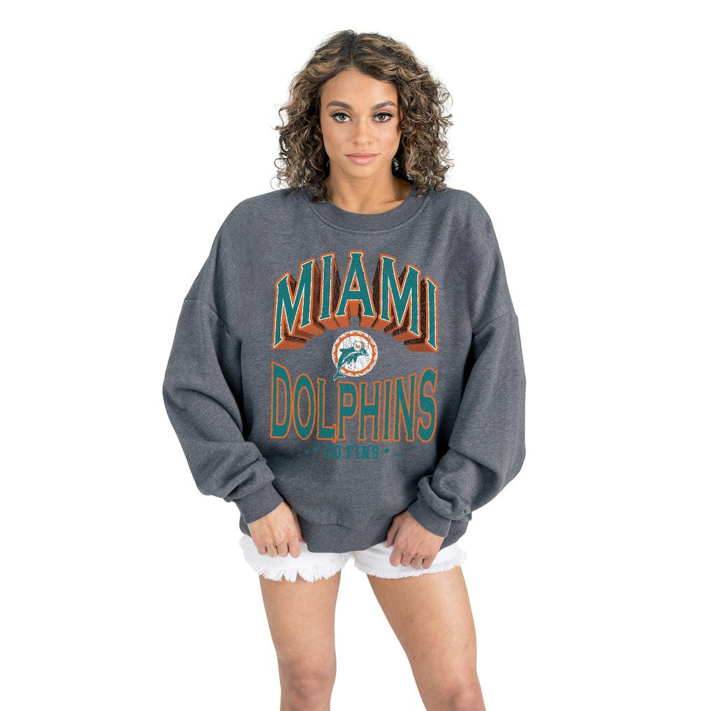 Miami Dolphins Gameday Couture Women's Long Weekends Oversized Premium Fleece Pullover Sweatshirt - Charcoal for sale