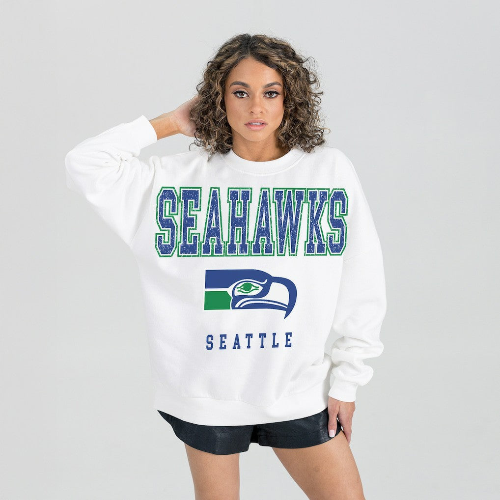Seattle Seahawks Gameday Couture Women's Classic Sunday Drives Oversized Premium Fleece Pullover Sweatshirt - White for sale