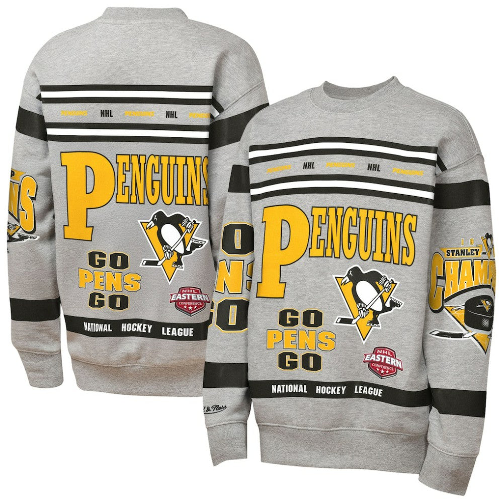Pittsburgh Penguins Mitchell & Ness Youth Allover Print Fleece Crewneck Sweatshirt - Heather Gray Sweatshirts