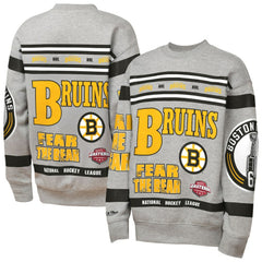 Boston Bruins Mitchell & Ness Youth Allover Print Fleece Crewneck Sweatshirt - Heather Gray Sweatshirts