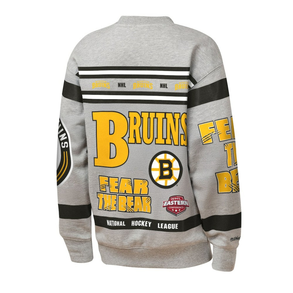 Boston Bruins Mitchell & Ness Youth Allover Print Fleece Crewneck Sweatshirt - Heather Gray Sweatshirts