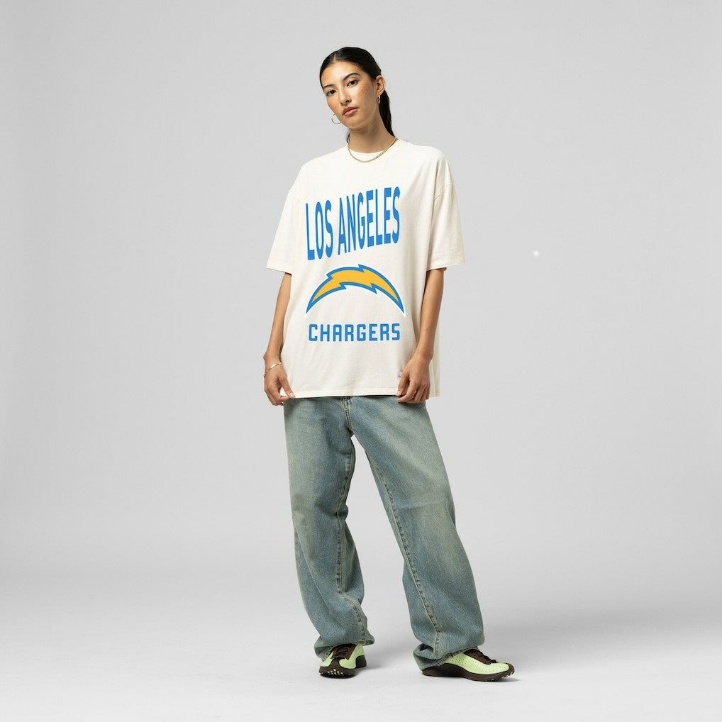 Los Angeles Chargers Women's Logo Rise Boyfriend T-Shirt - Cream sale