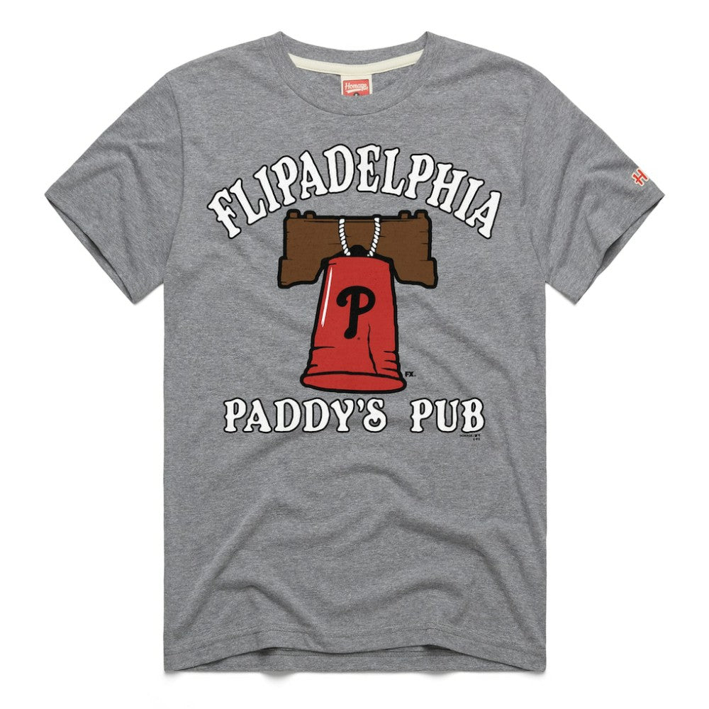 Philadelphia Phillies x It's Always Sunny in Philadelphia Homage Male Adult Flipadelphia Paddy's Pub T-Shirt Gray