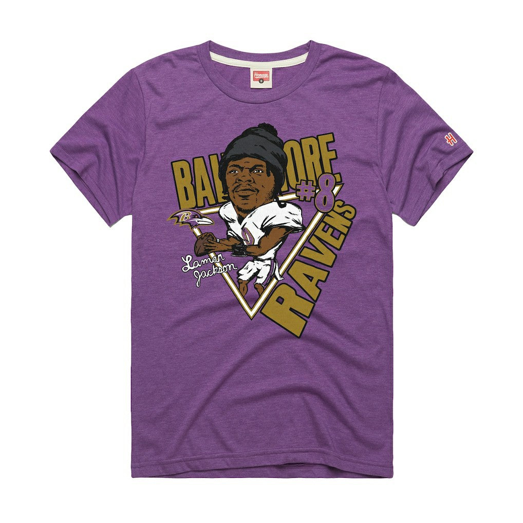 Lamar Jackson Baltimore Ravens Homage Unisex Caricature Player Graphic Tri-Blend T-Shirt - Purple online