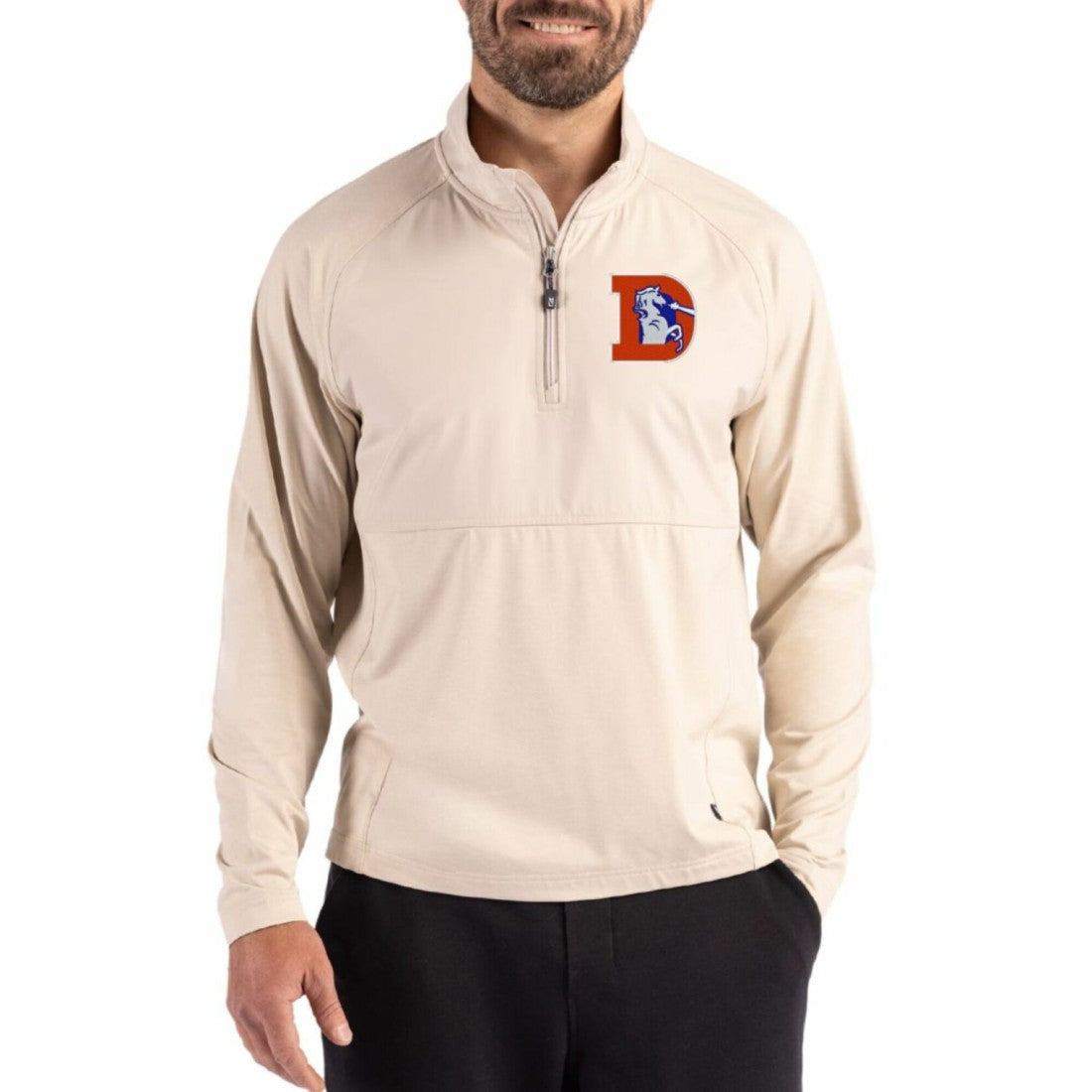 Denver Broncos Cutter & Buck Adapt Eco Knit Hybrid Recycled Quarter-Zip Jacket - Light Brown online
