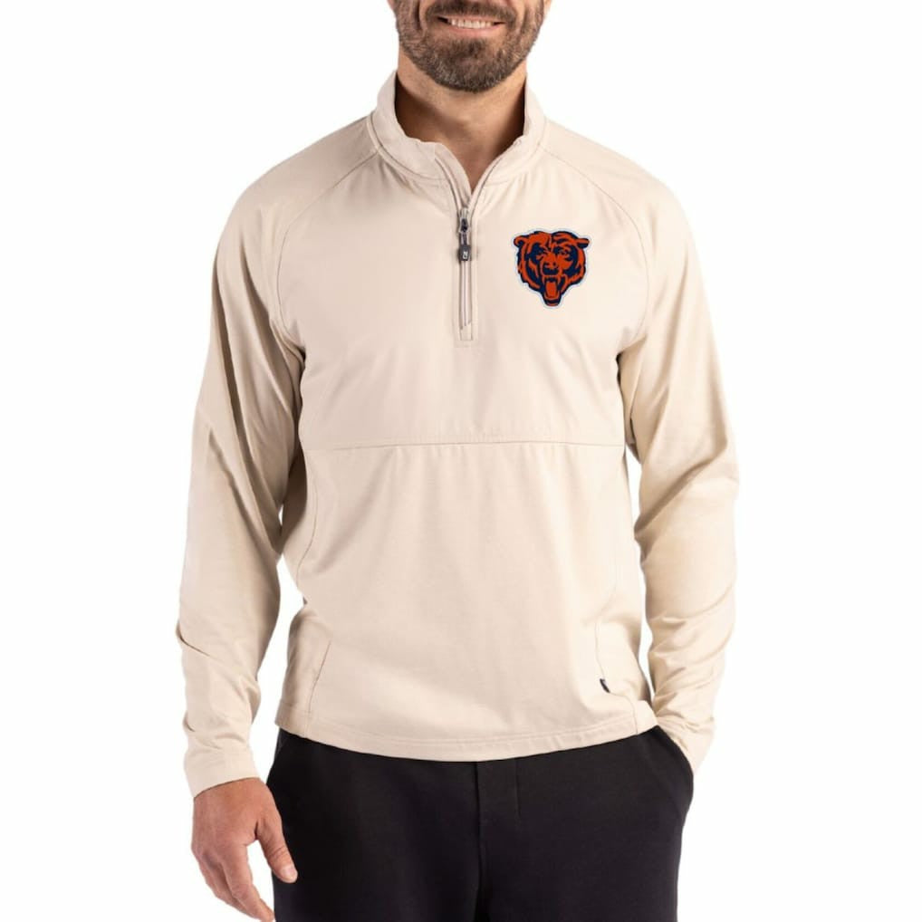 Chicago Bears Cutter & Buck Adapt Eco Knit Hybrid Recycled Quarter-Zip Jacket - Light Brown on sale