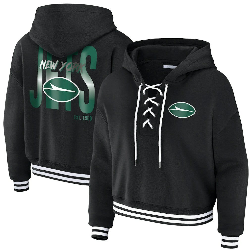 New York Jets WEAR by Erin Andrews Women's Lace-Up Fleece Hoodie - Black for sale