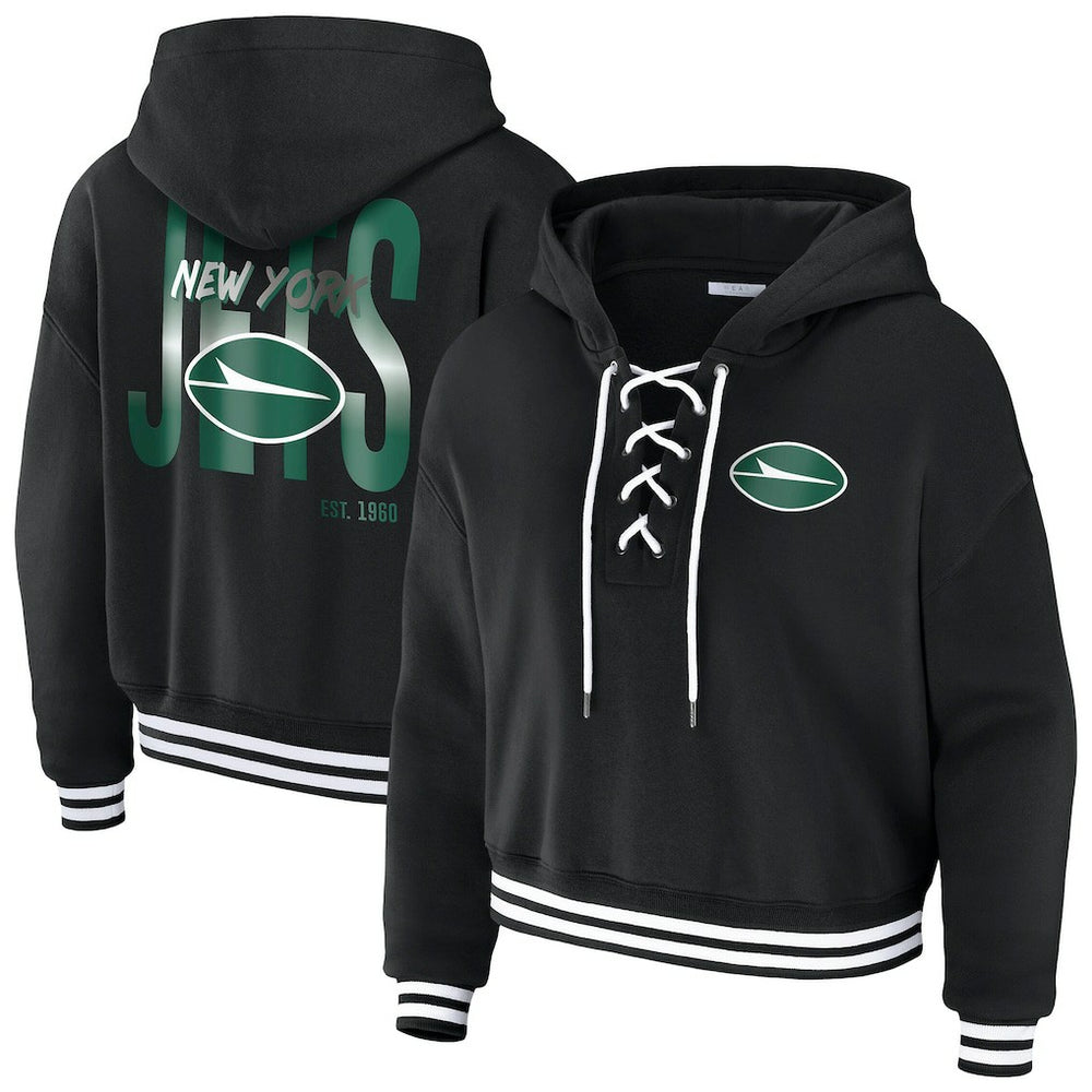New York Jets WEAR by Erin Andrews Women's Lace-Up Fleece Hoodie - Black for sale