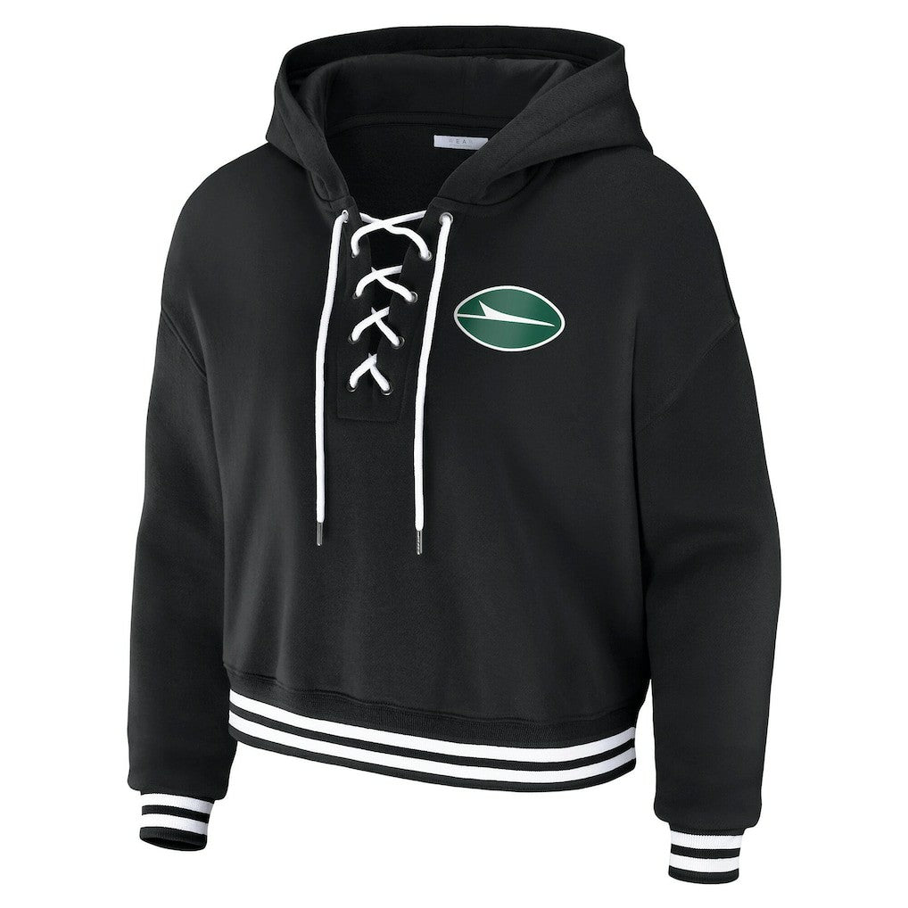 New York Jets WEAR by Erin Andrews Women's Lace-Up Fleece Hoodie - Black for sale