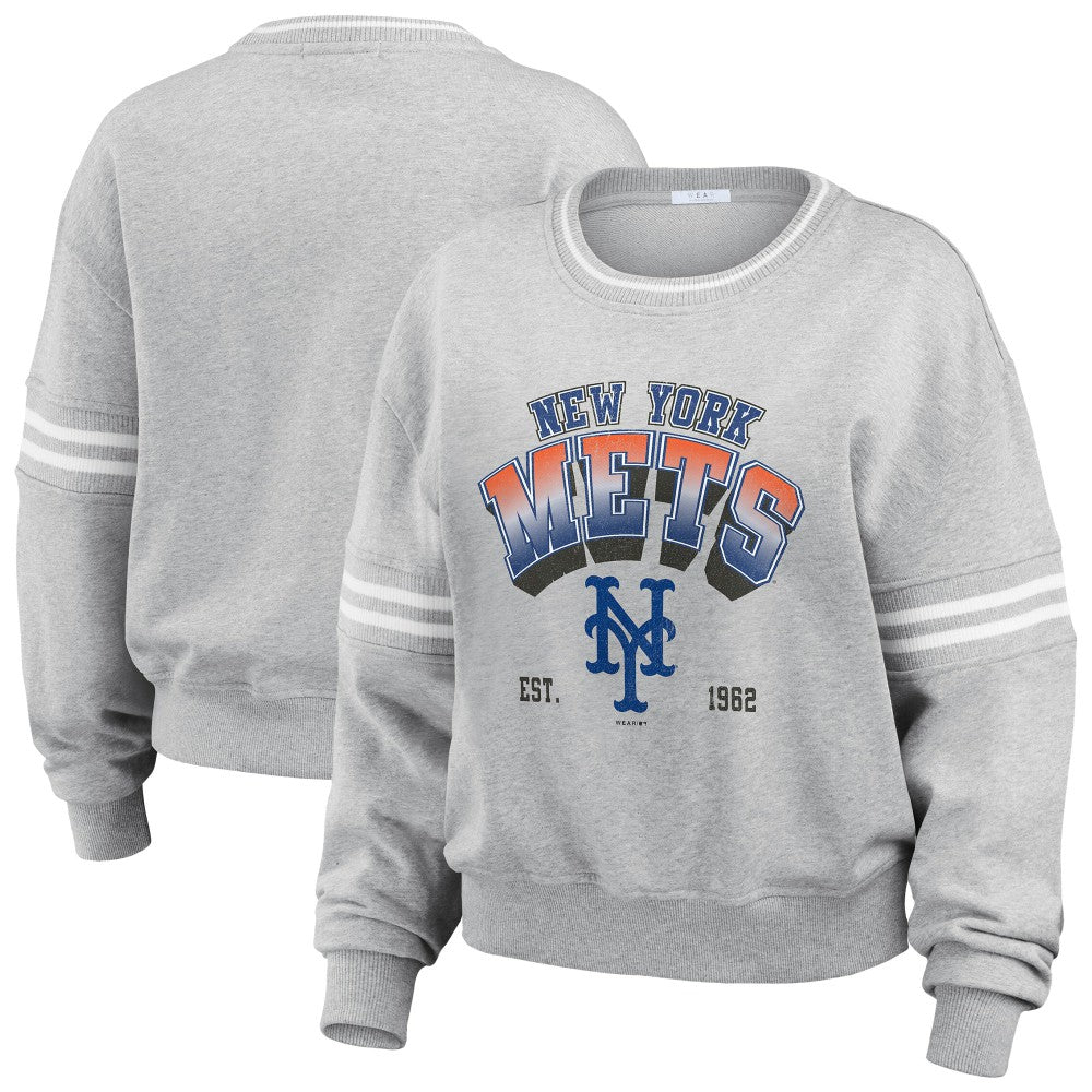 New York Mets WEAR by Erin Andrews Women's Sleeve Stripe Fleece Sweatshirt Gray