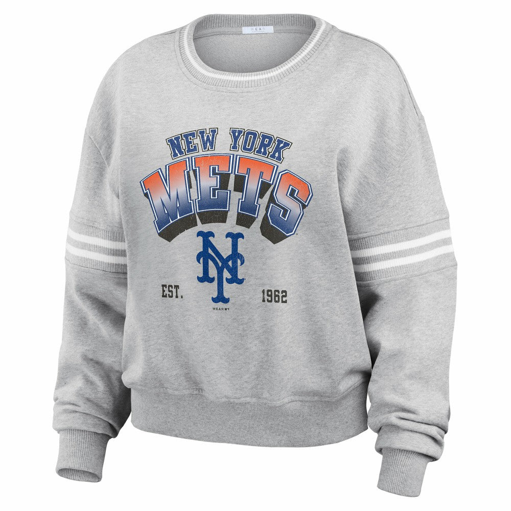 New York Mets WEAR by Erin Andrews Women's Sleeve Stripe Fleece Sweatshirt Gray