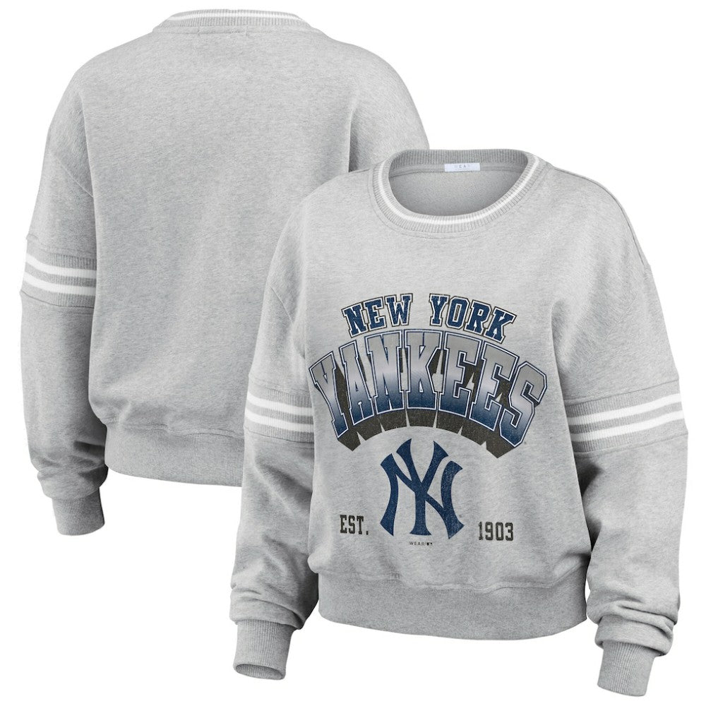 New York Yankees WEAR by Erin Andrews Women's Sleeve Stripe Fleece Crewneck Sweatshirt Gray