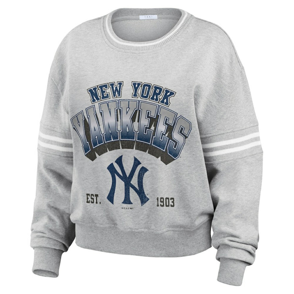 New York Yankees WEAR by Erin Andrews Women's Sleeve Stripe Fleece Crewneck Sweatshirt Gray