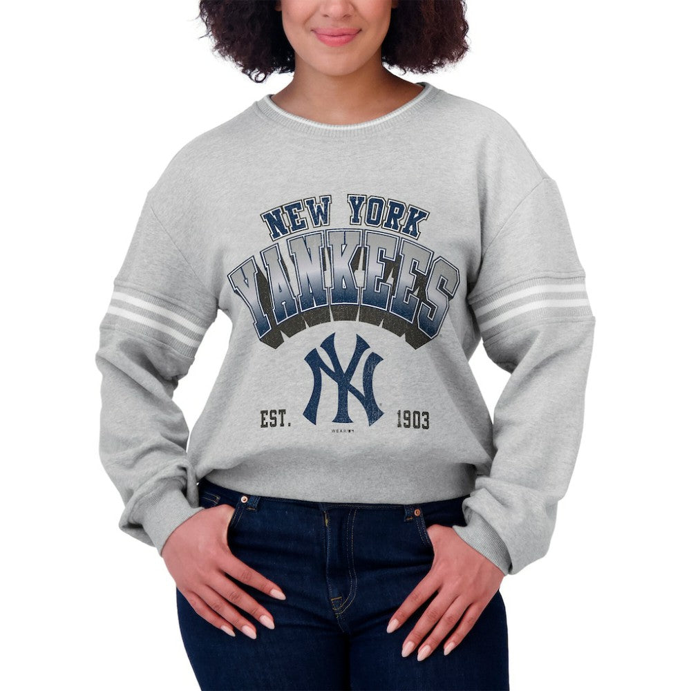 New York Yankees WEAR by Erin Andrews Women's Sleeve Stripe Fleece Crewneck Sweatshirt Gray
