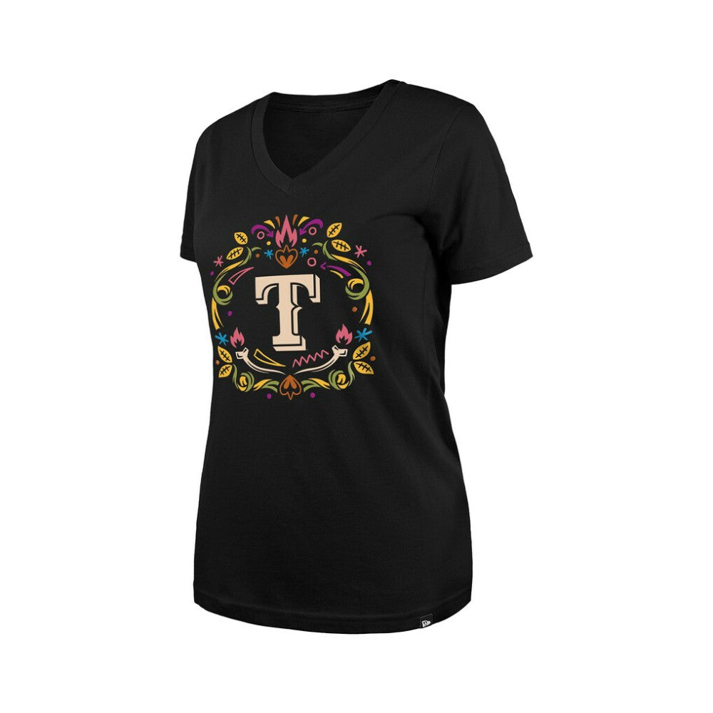 Texas Rangers Women's Día de los Muertos V-Neck T-Shirt Black