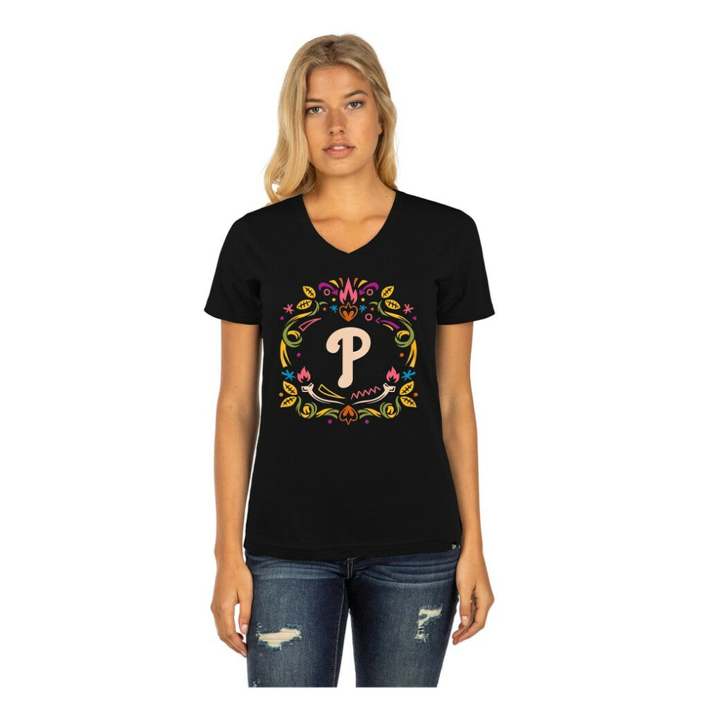 Philadelphia Phillies Women's Día de los Muertos V-Neck T-Shirt Black