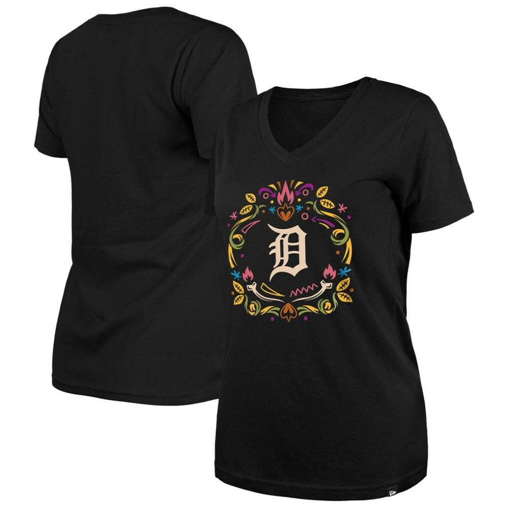 Detroit Tigers Women's Día de los Muertos V-Neck T-Shirt Black