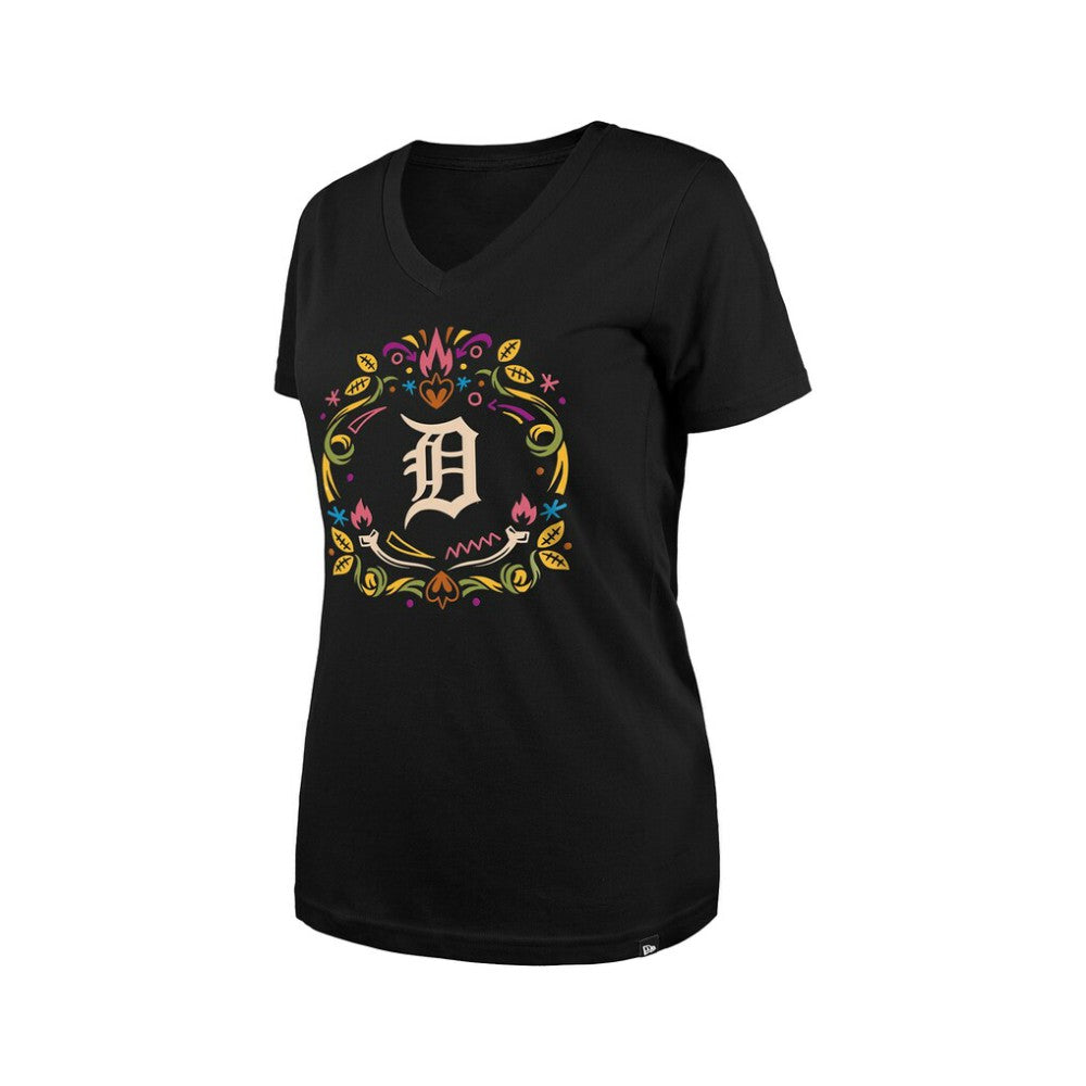 Detroit Tigers Women's Día de los Muertos V-Neck T-Shirt Black