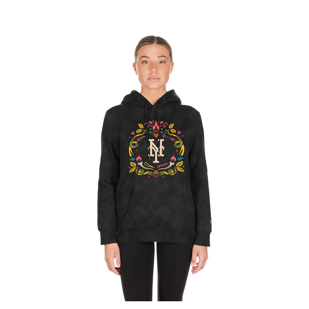 New York Mets Women's Día de Muertos Mineral Wash Hoodie Sweatshirt Black
