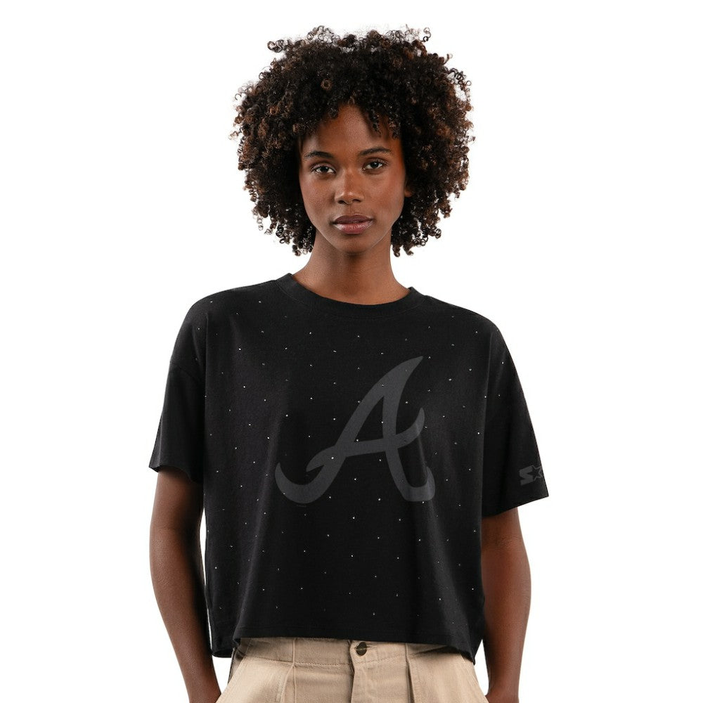 Atlanta Braves Starter Women's Rhinestone Sprinkle Boxy Cropped T-Shirt Black
