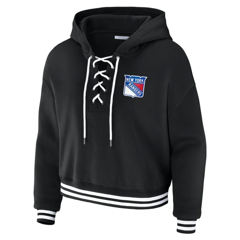 New York Rangers WEAR by Erin Andrews Women's Cropped Lace-Up Hoodie - Black Hoodies