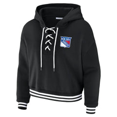 New York Rangers WEAR by Erin Andrews Women's Cropped Lace-Up Hoodie - Black Hoodies