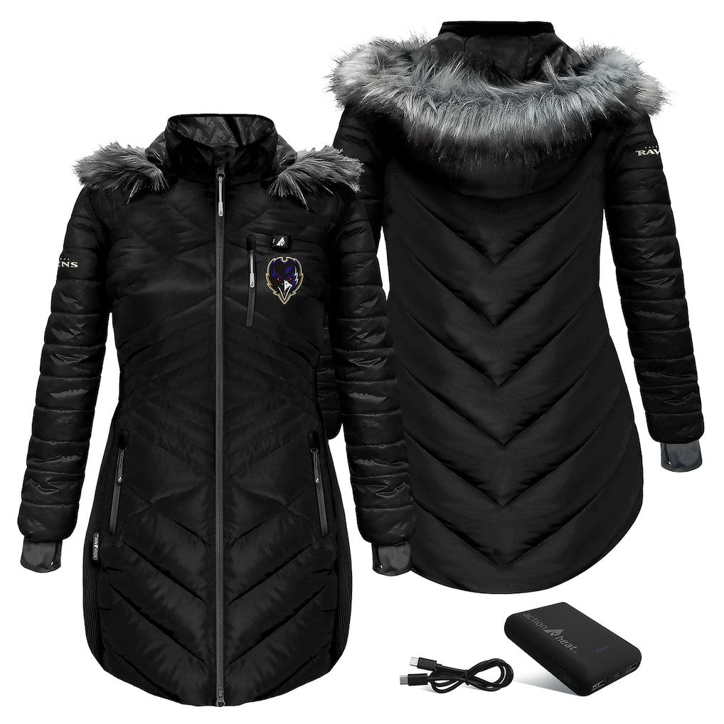 Baltimore Ravens ActionHeat Women's 5V Battery Heated Long Puffer Full-Zip Hoodie Jacket - Black online