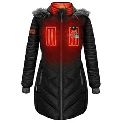 Cleveland Browns ActionHeat Women's 5V Battery Heated Long Puffer Full-Zip Hoodie Jacket - Black cheap