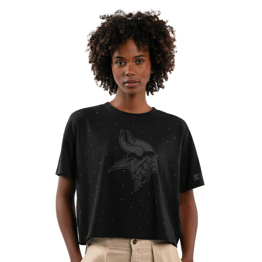 Minnesota Vikings Starter Women's Rhinestone Sprinkle Boxy Cropped T-Shirt - Black sale