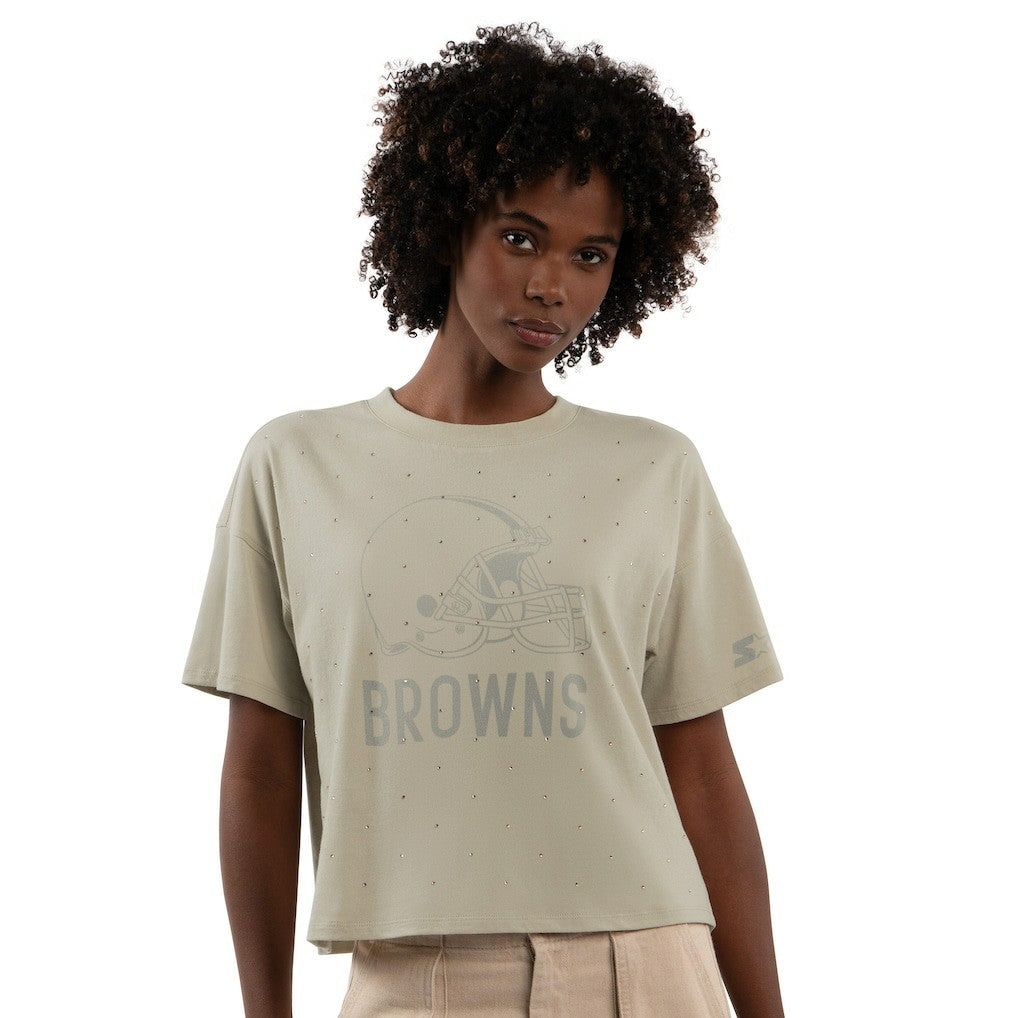 Cleveland Browns Starter Women's Rhinestone Sprinkle Boxy Cropped T-Shirt - Khaki outlet